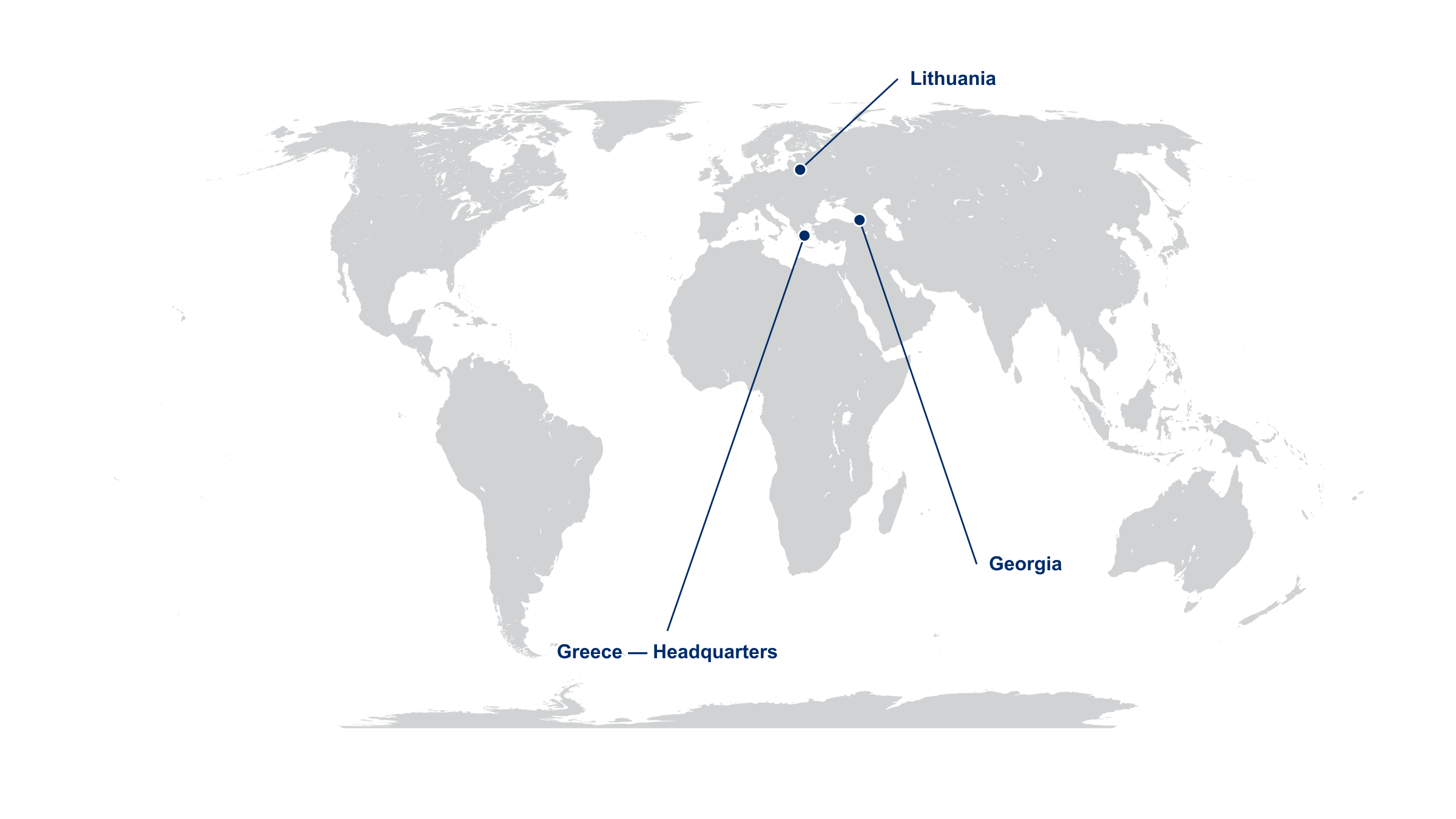 World map showing LEXASOF offices in Piraeus, Greece (headquarters), Vilnius, Lithuania, and Batumi, Georgia.